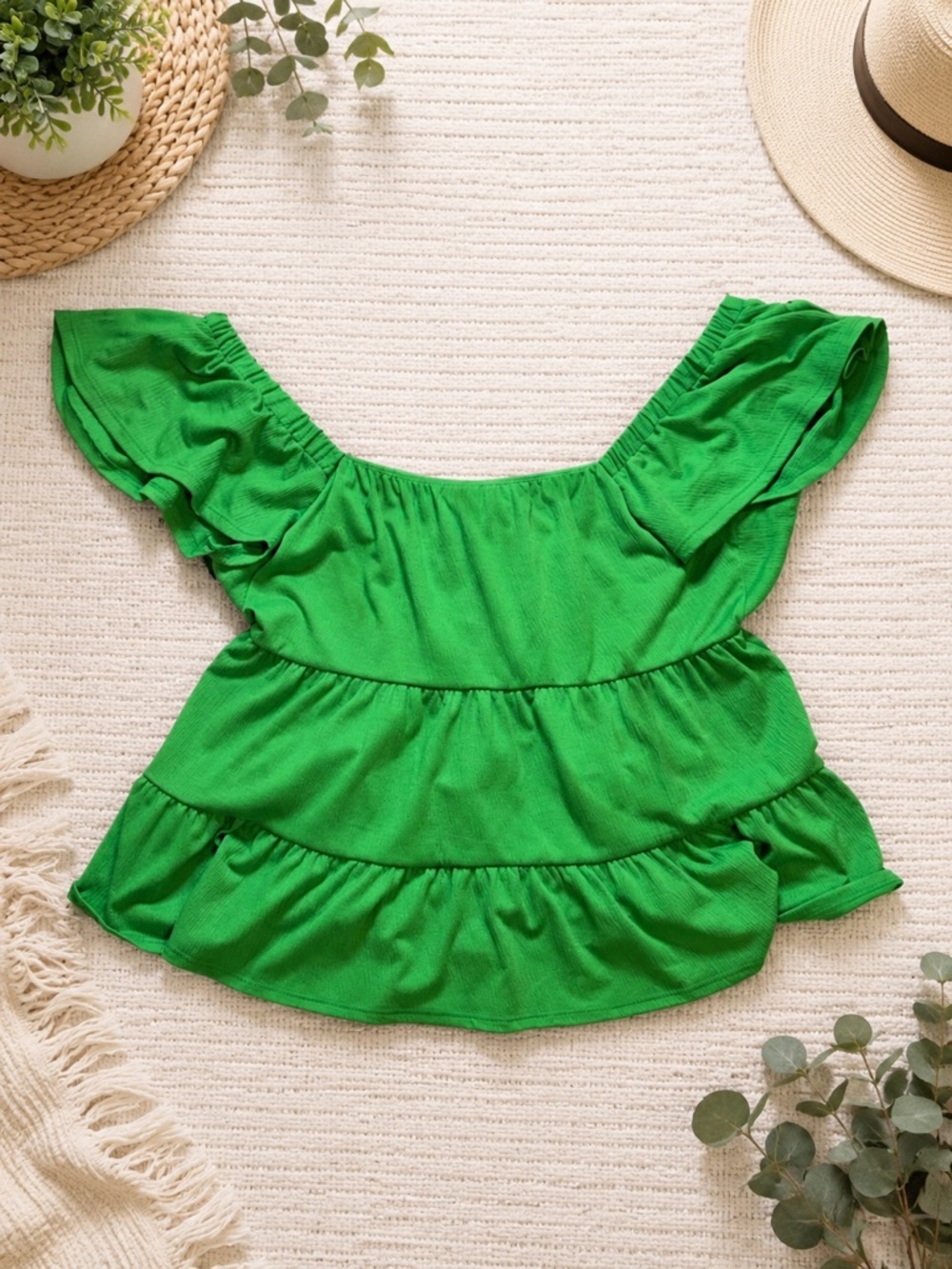 ARULA Emerald Green Ruffle Peplum Blouse | Flowy Tiered Top